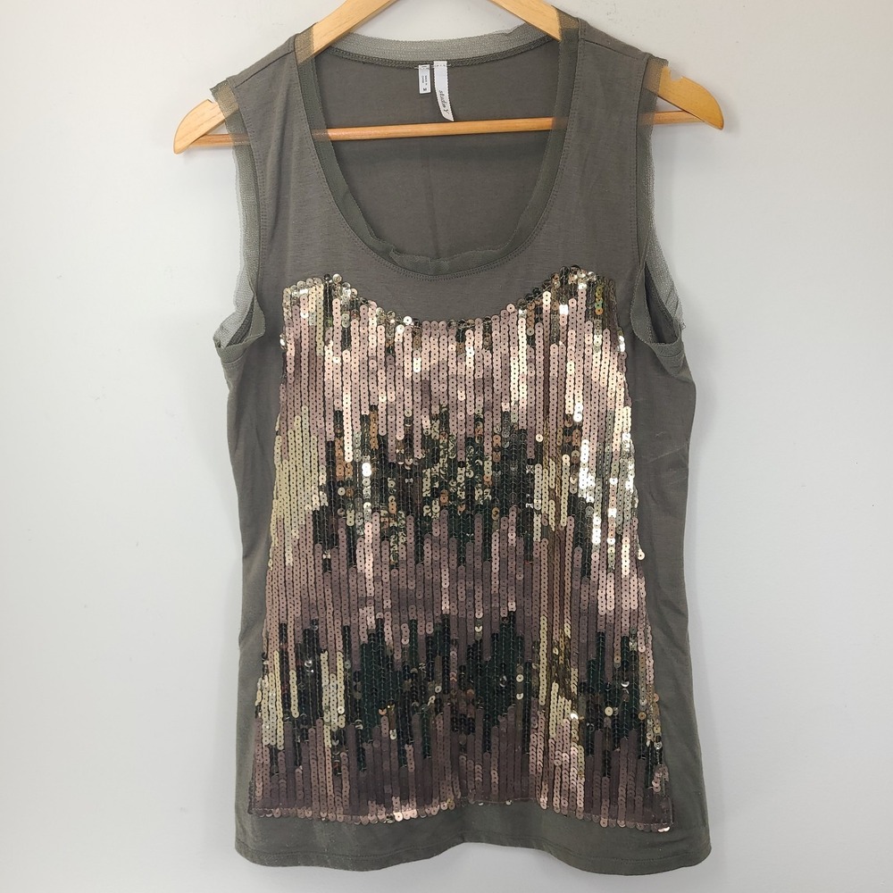 Studio Y Sequin Tank Top Women Medium Olive Green Sleeveless Party Top